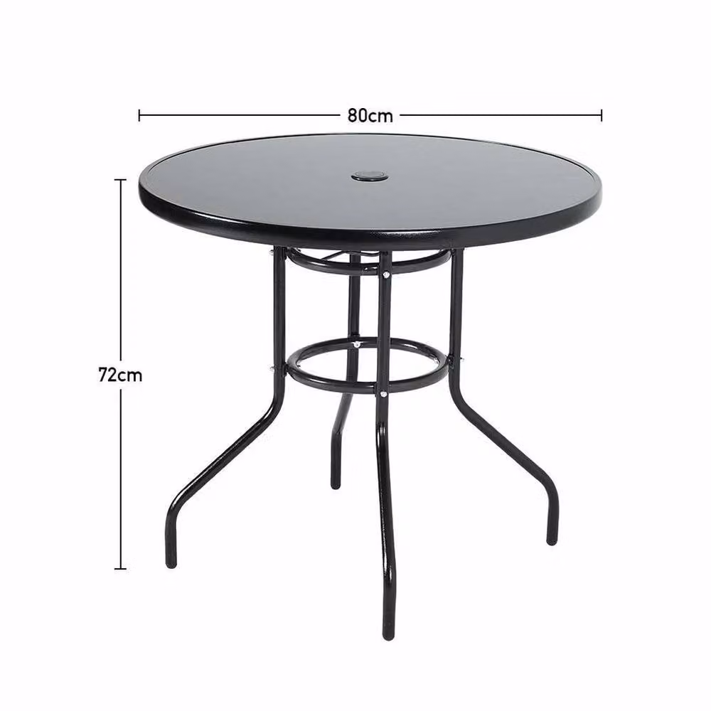 FORGEVIO Black Round Dining Table with Parasol Hole and Glass Top, Diameter: 80 cm – 2