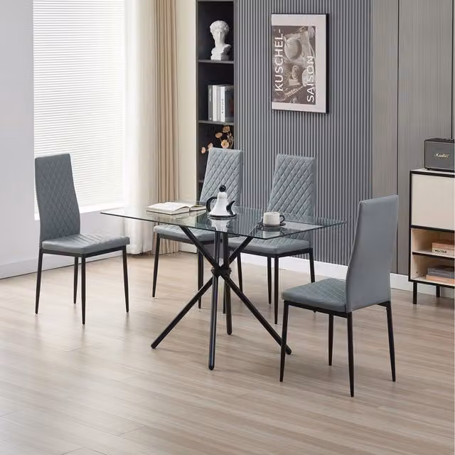Madefor.living Miami Rectangular Glass Dining Table with 4 Emily Grey Leather Chairs