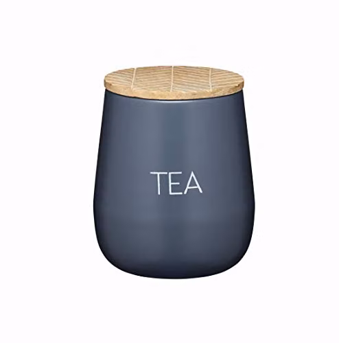 KitchenCraft Serenity Geometric Tea Caddy with Airtight Lid, Metal and Wood, Grey/Brown, W: 12.5 cm, D: 15 cm, H: 1.5 cm