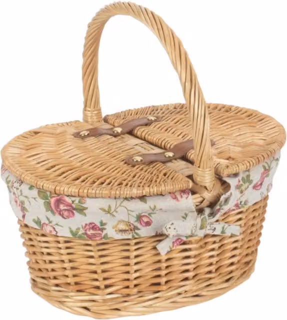 Red Wicker Oval Lidded Picnic Basket for Children with Handles