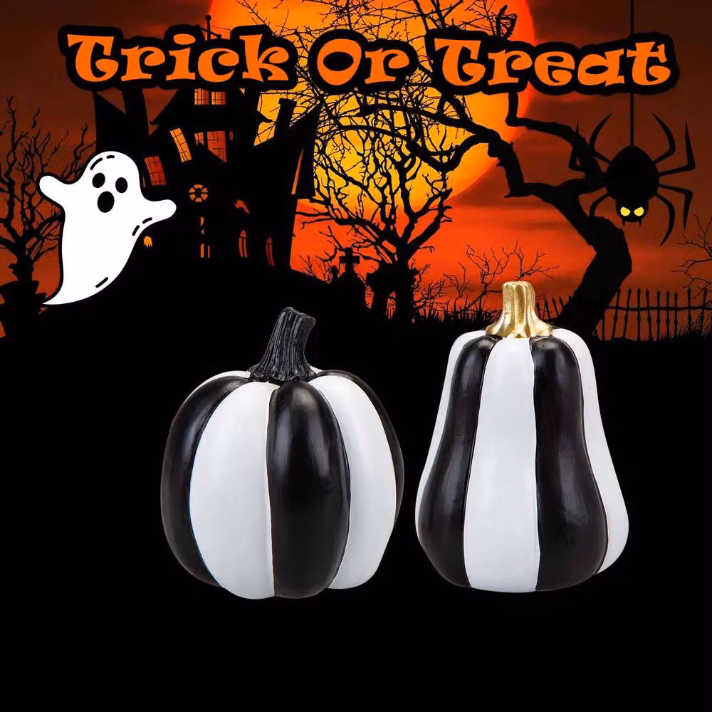 VFM e-Store Halloween Black and White Striped Pumpkin Tabletop Decorations, 2 Pack – 3
