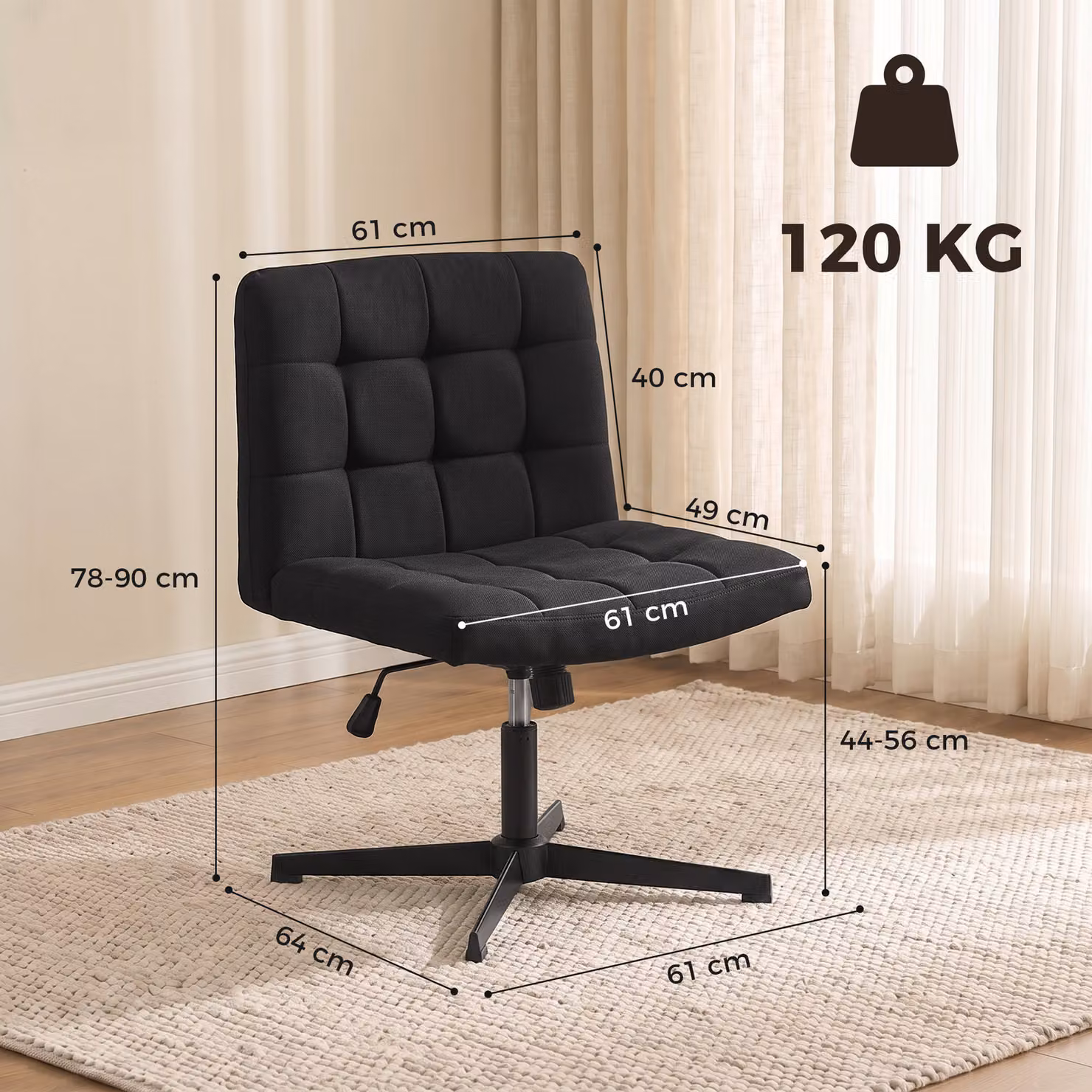 HOMCOM Armless Black Linen Office Chair with Rocking Function and Wide Seat – 3