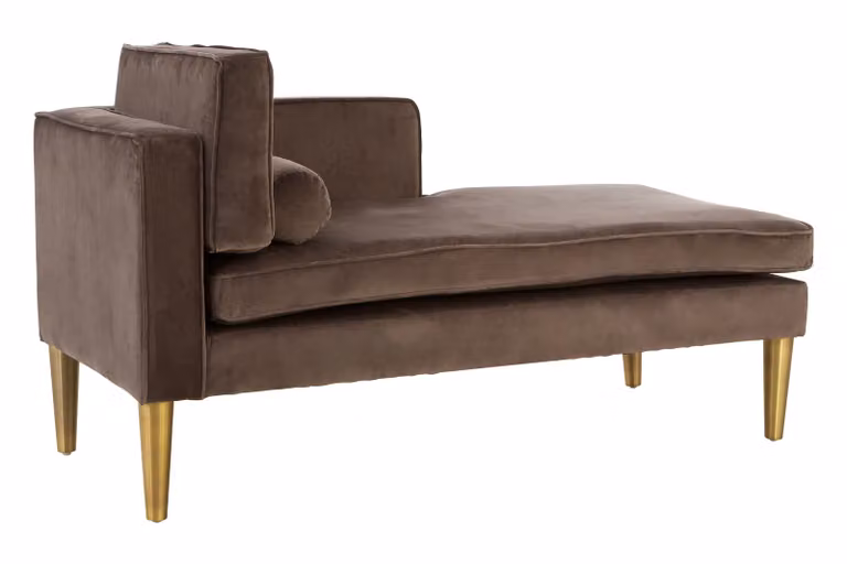 Orsina Grey Velvet Upholstered Chaise Lounge with Left Arm and Gold Metal Frame