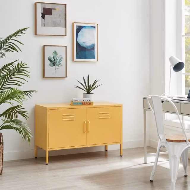 FurnitureboxUK Teksi Modern Industrial Metal 2 Door Sideboard in Yellow