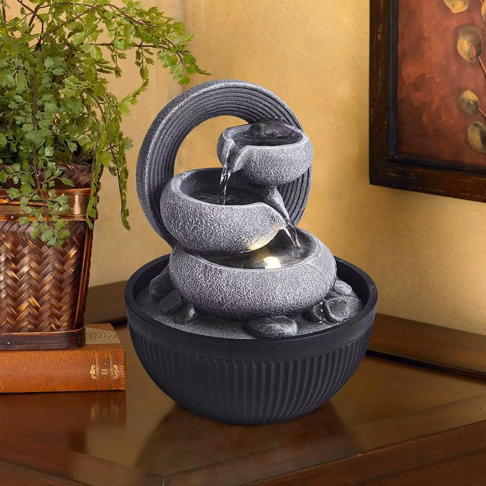 Livingandhome Grey Resin Tabletop Fountain with LED Light, W/D/H: 25.0 x 25.0 x 21.0 cm – 3