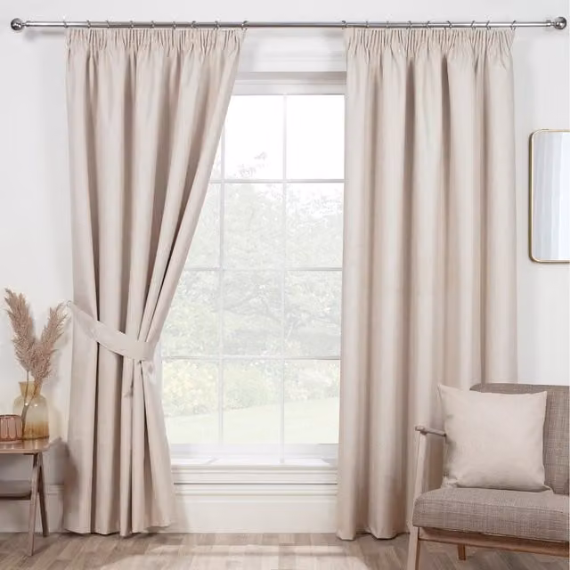 FWStyle Eclipse Natural Blackout Thermal Lined Pencil Pleat Curtains, Beige, Width: 182.88 cm, Height: 228.6 cm