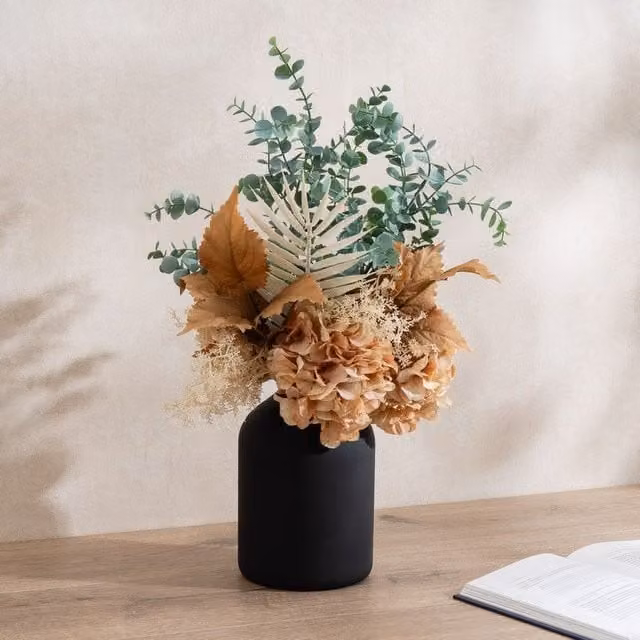 Scottish Everlastings Ltd Peach Dry Look Hydrangea and Eucalyptus Bouquet in a Black Vase, Height: 48 cm