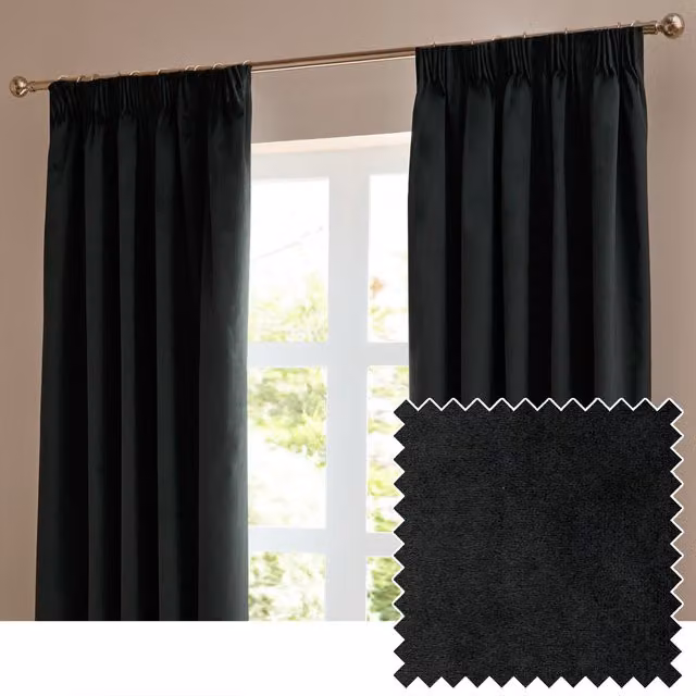 Make It A Home Black Velvet Thermal Insulating Full Blackout Pencil Pleat Curtains, Black, Width: 183 cm, Height: 229 cm