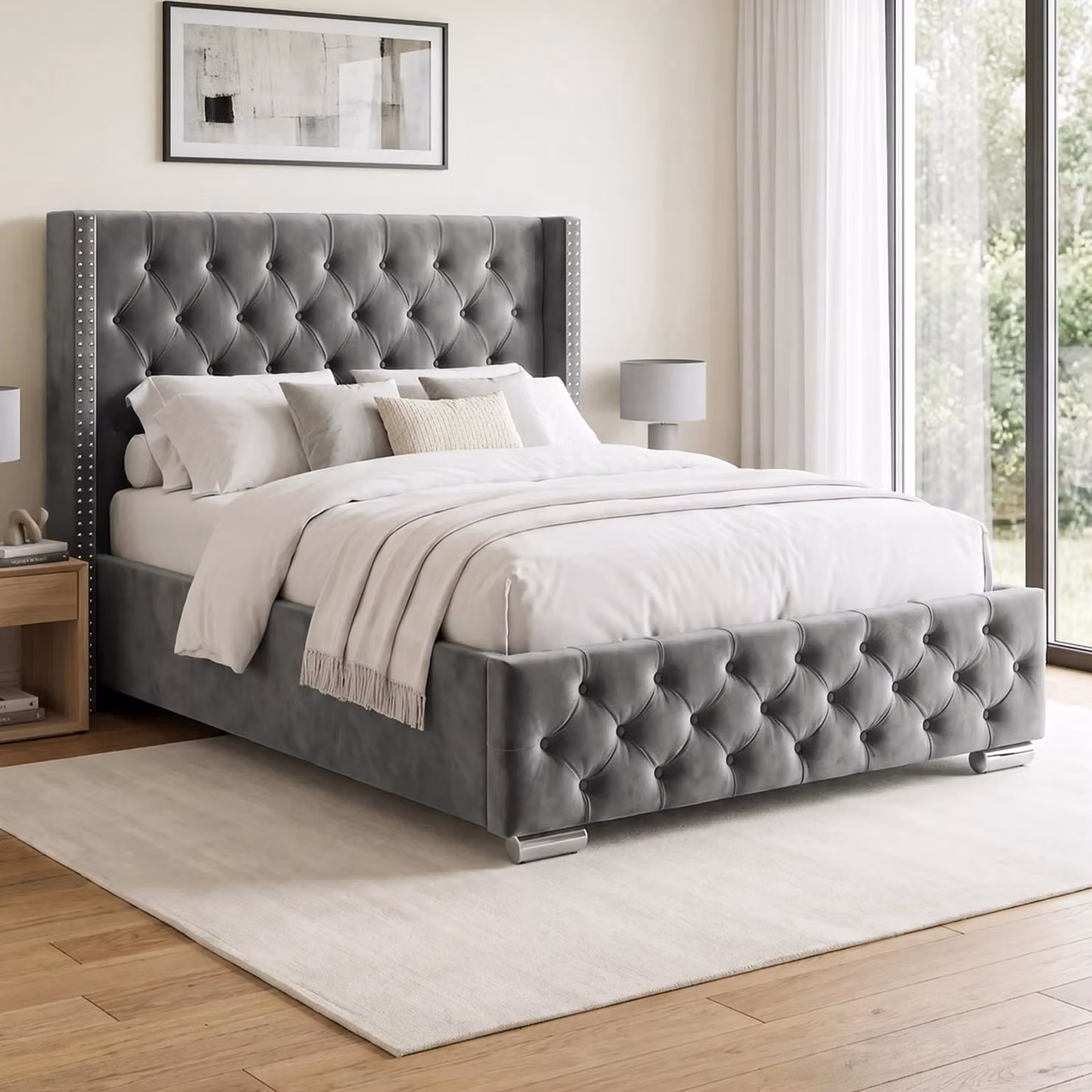 DHS Grey Velvet Cross Pattern Ottoman Storage Bed with Winged Headboard, Double (140 x 200 cm)