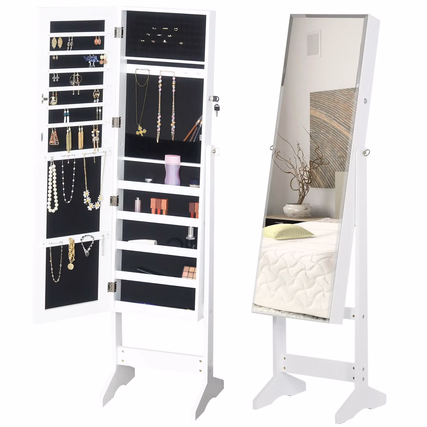 HOMCOM Lockable Freestanding Jewellery Cabinet with Full Length Mirror and Internal Shelves in White – 2