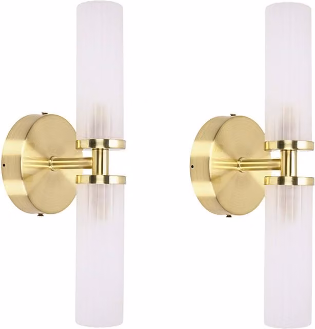 ValueLights Canya Pair of 2 Way IP44 Frosted Reeded Glass Wall Lights in Gold