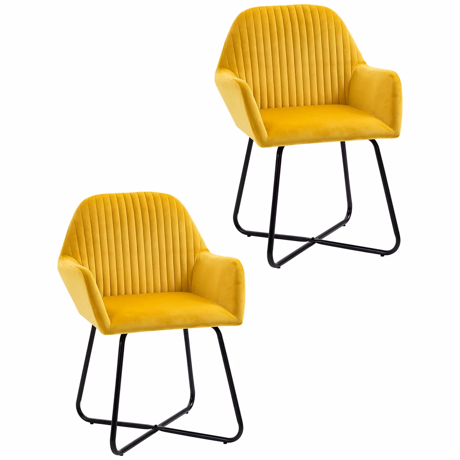 HOMCOM Set of 2 Modern Velvet Upholstered Accent Armchairs with Metal Base in Yellow – 2