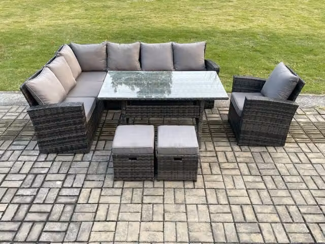 Fimous 9 Seater Garden Rattan Corner Dining Set with 2 Footstools and Armchairs in Dark Grey