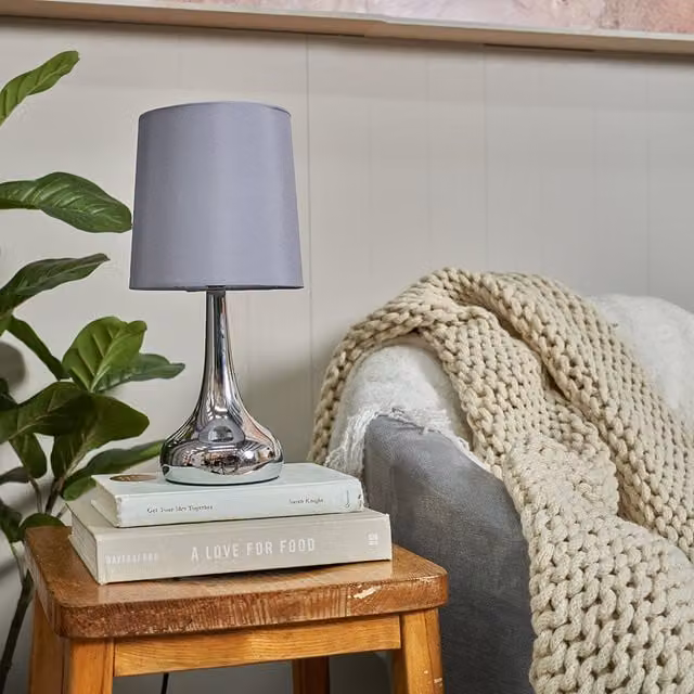 ValueLights Pair of Chrome Teardrop Touch Table Lamps with Grey Fabric Shades and LED Bulbs