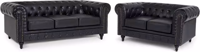 Bravich LTD Chesterfield Scroll Arm Faux Leather Settee, 2 Pack, Black – 1