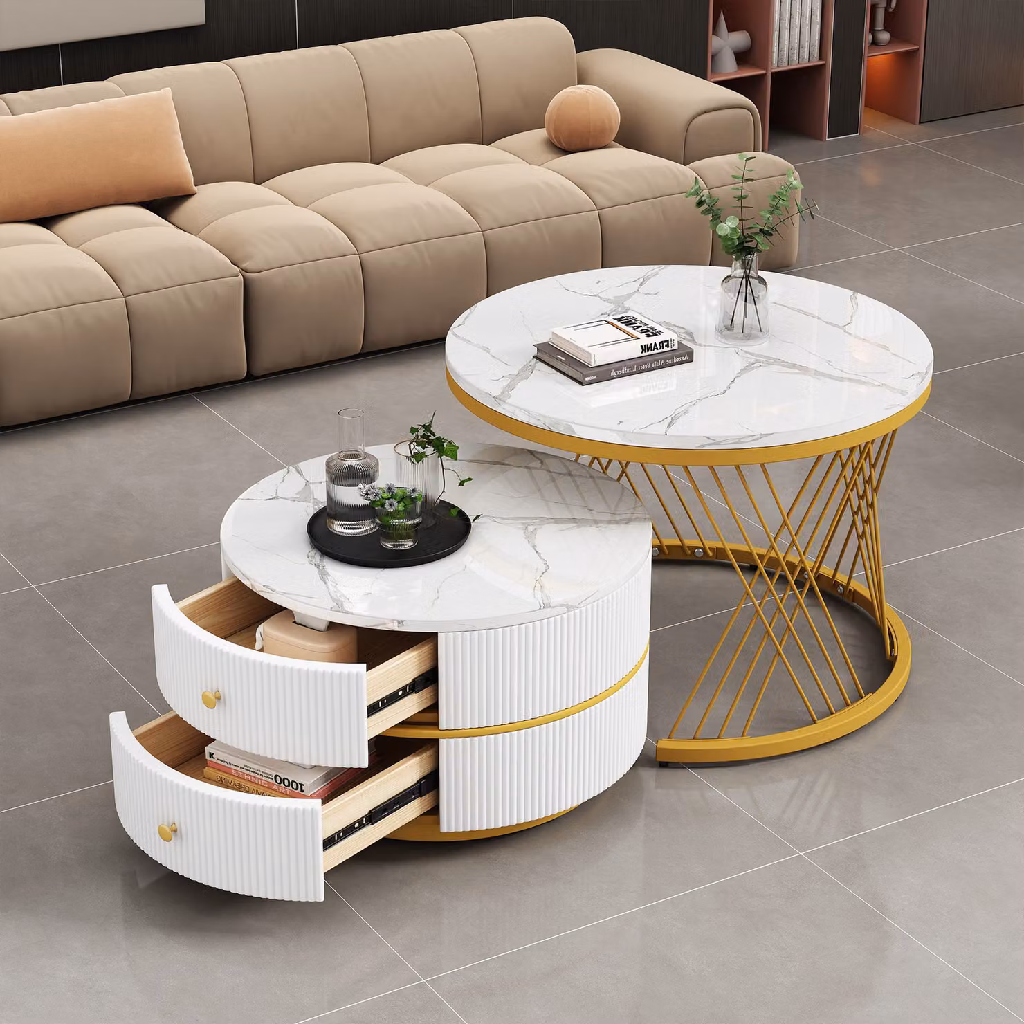 Aosom.UK 2 Piece High Gloss Round Nesting Coffee Table Set with Marble Top and Storage Drawers in Gold and White – 5