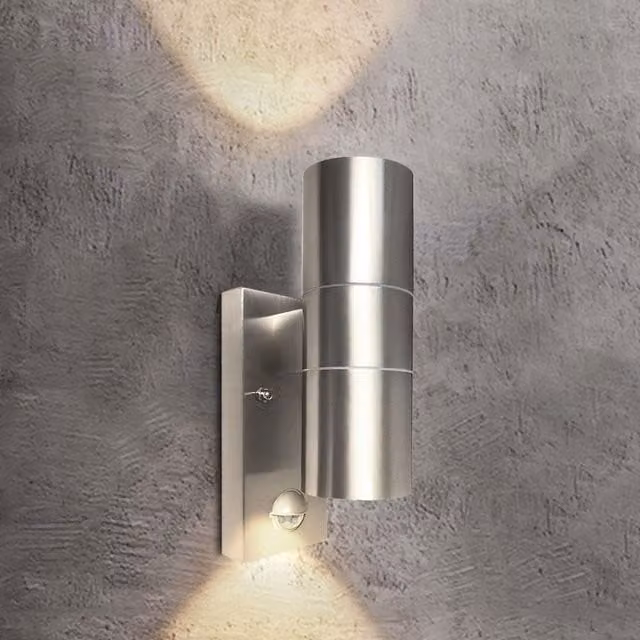 Extrastar Silver Outdoor Up and Down Wall Light with PIR Motion Sensor, Stainless Steel, IP44, LED GU10 Bulb Included