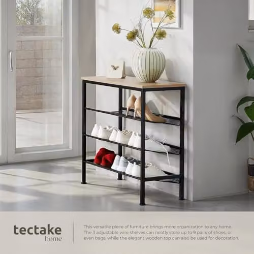 tectake 4-Tier Shoe Rack with Adjustable Shelves and Black Metal Frame in Oak, W/D/H: 75.5 x 30.5 x 69.5 cm – 5