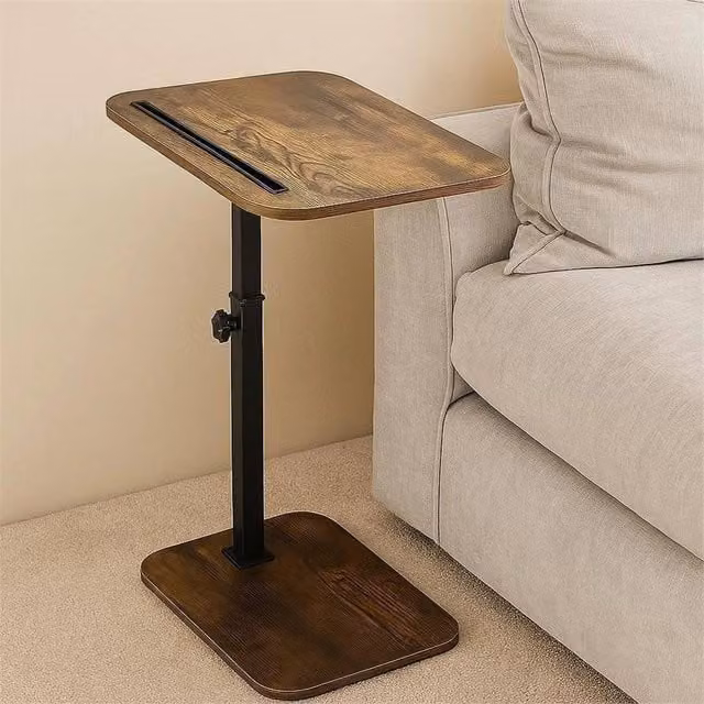 Nordara Height Adjustable Swivel C-Shaped Sofa Side Table in Brown