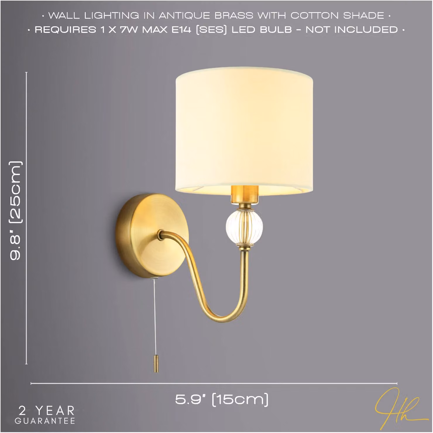 Happy Homewares Traditional Bedside Wall Light in Antique Brass with Pull Chain and White Fabric Shade – 2