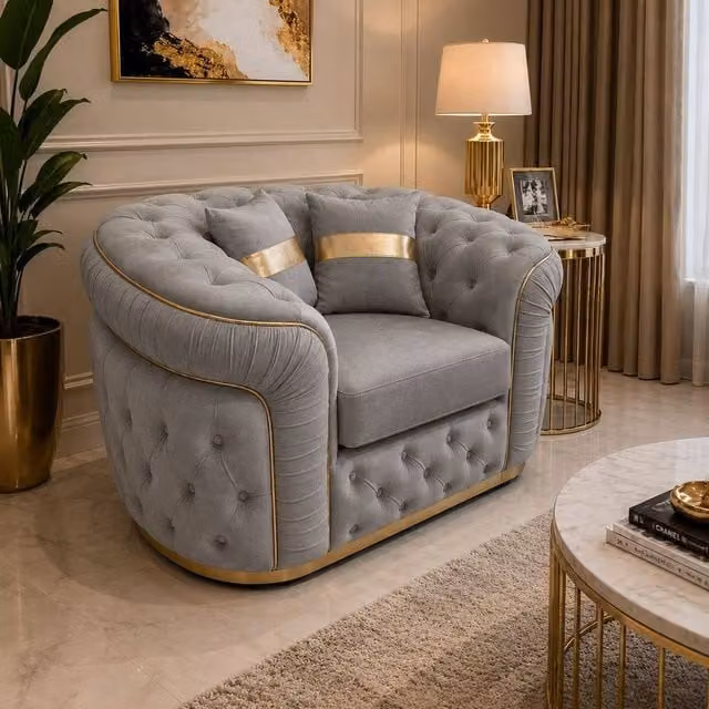 Stratus Interiors Ambassador Chesterfield Sofa in Mid Grey Plush Velvet with Gold Trim – 1
