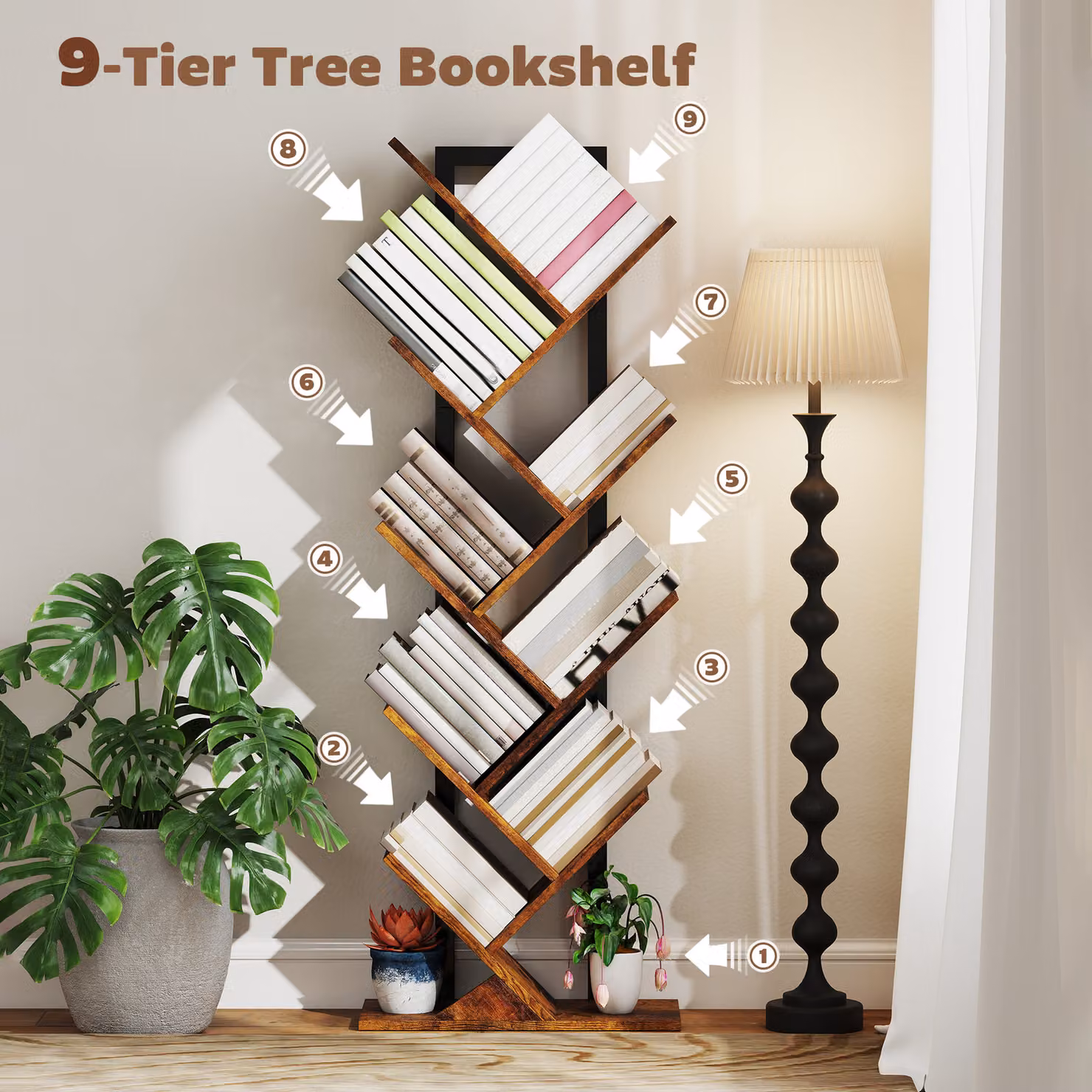 HOMCOM Eight-Section Tree Bookcase in Brown Wood-Effect with Eight Media Compartments – 3