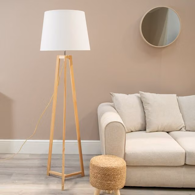 ValueLights Lottie Natural Floor Lamp with Tapered Fabric Shade and LED Bulb, White and Wood