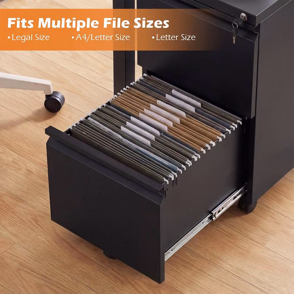 Costway 2-Drawer Mobile Metal Filing Cabinet with Lock and Casters in Black – 4
