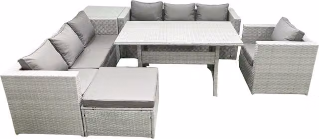 Fimous 6 Piece Outdoor Rattan Sofa Set with Cushions, Armchair, Dining Table, Side Table and Footstool in Light Grey – 1