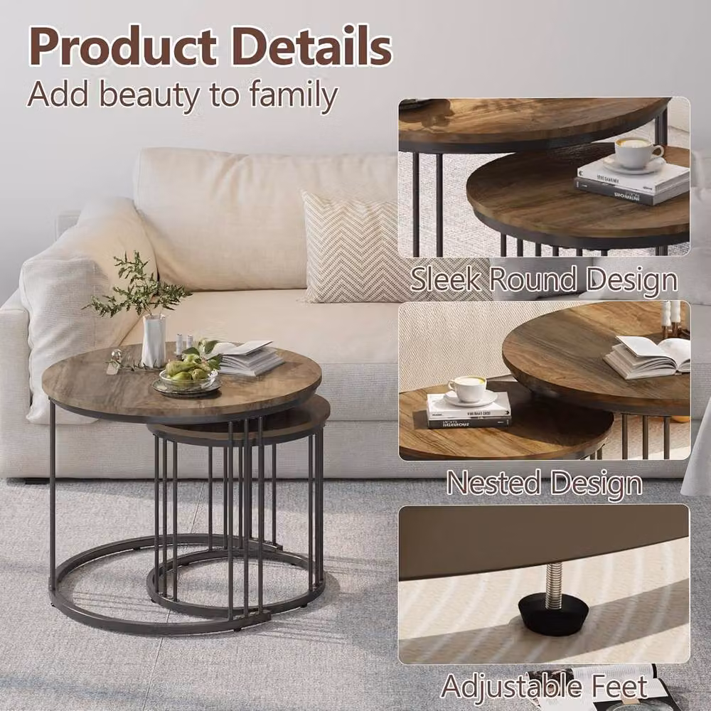 Huhote Set of 2 Round Nesting Coffee and Side Tables with Brown Wood Tops and Metal Frames – 3