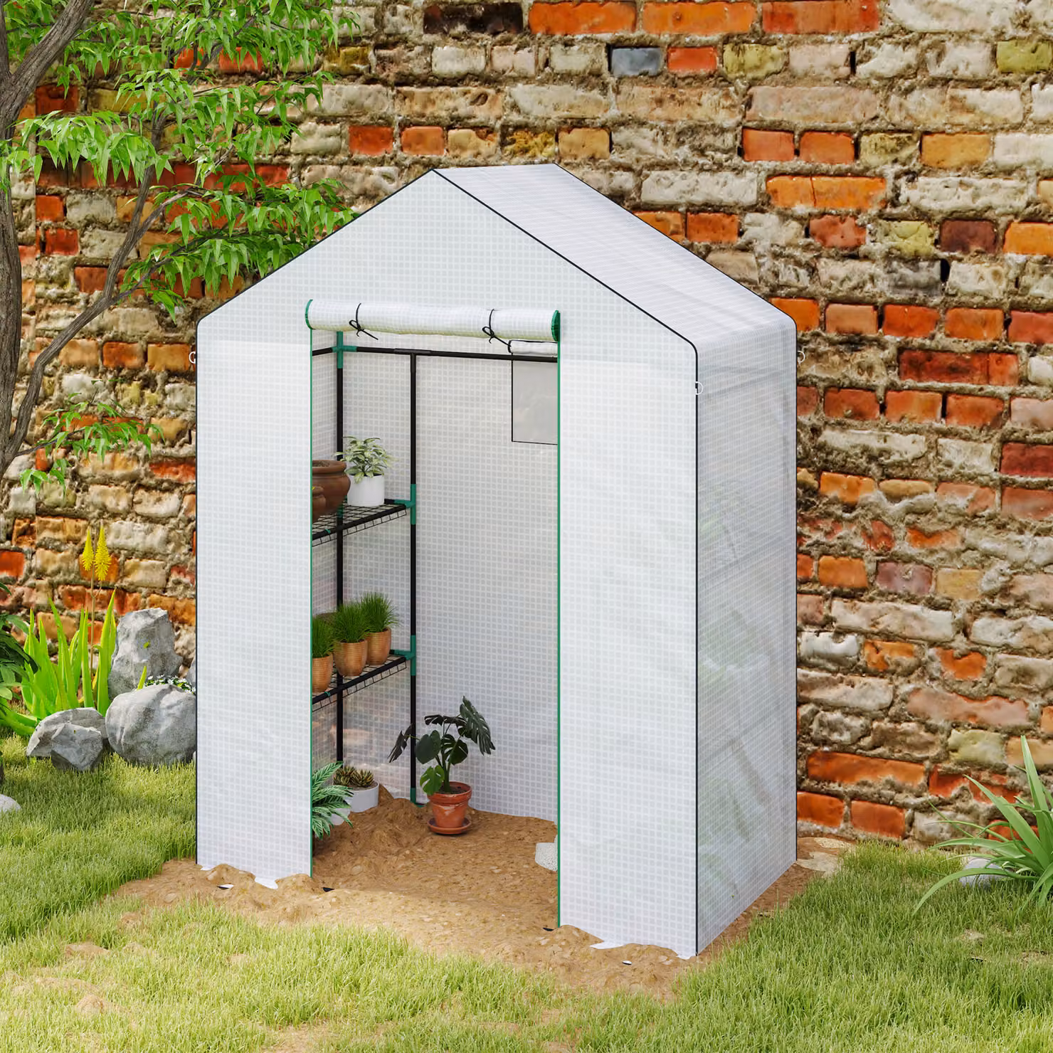Outsunny White Walk-in Greenhouse with 3 Tiers of 4 Shelves, Reinforced PE Cover, Roll-up Door and Windows, W/D/H: 143 x 74 x 190 cm – 4