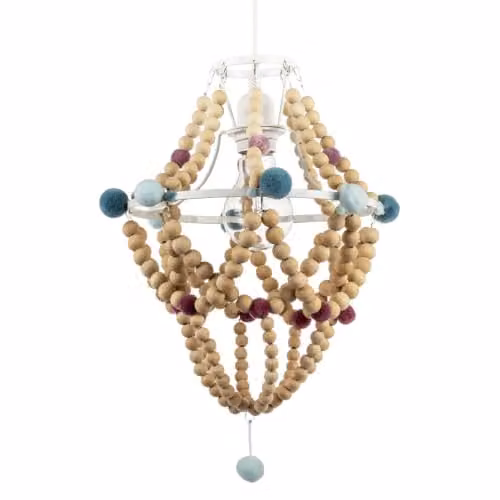 Happy Homewares Boho Wooden Beaded Chandelier Style Pendant Light Shade with Multicolour Pom Poms, W: 25 cm, H: 27 cm