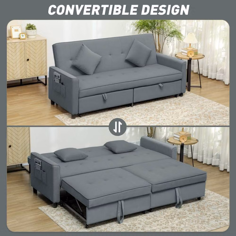 Wyld Haus Senosa 3 Seater Grey Velvet Click Clack Convertible Sofa Bed with Solid Wood Frame and Scatter Cushions, W/D/H: 196 x 89 x 90 cm – 4