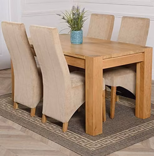 Thats Furniture Kuba Oak Dining Table and 4 Lola Beige Fabric Upholstered Chairs Set, W: 150 cm, D: 85 cm, H: 78 cm – 1