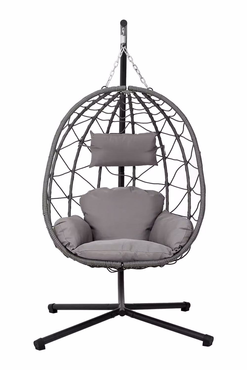 H&O Direct Foldable Hanging Chair with Stand and Cushion in Grey Rattan – 2