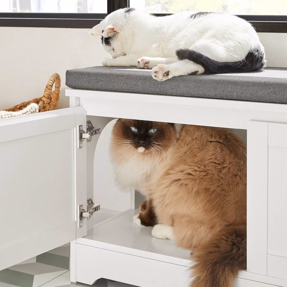 SoBuy Cat-Friendly Entrance Bench with Padded Fabric Seat and Hidden Litter Space in White and Grey – 2