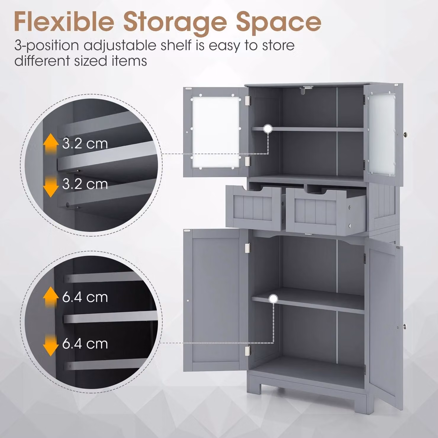 Gymax Tall Grey Bathroom Cabinet with Double Hinged Doors and 2 Internal Drawers – 5