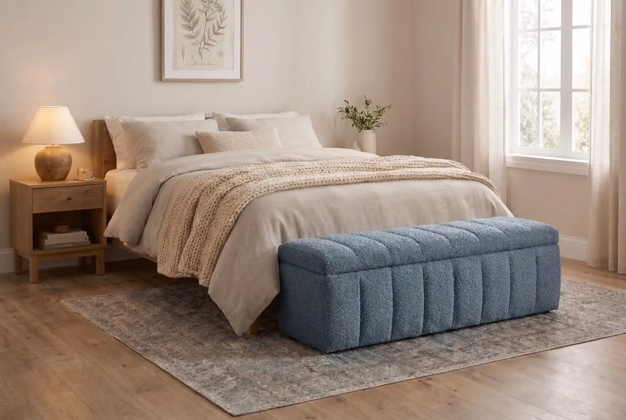 Araco Atelier Spindle Velour and Bouclé Upholstered Bench in Beige, Grey or Blue