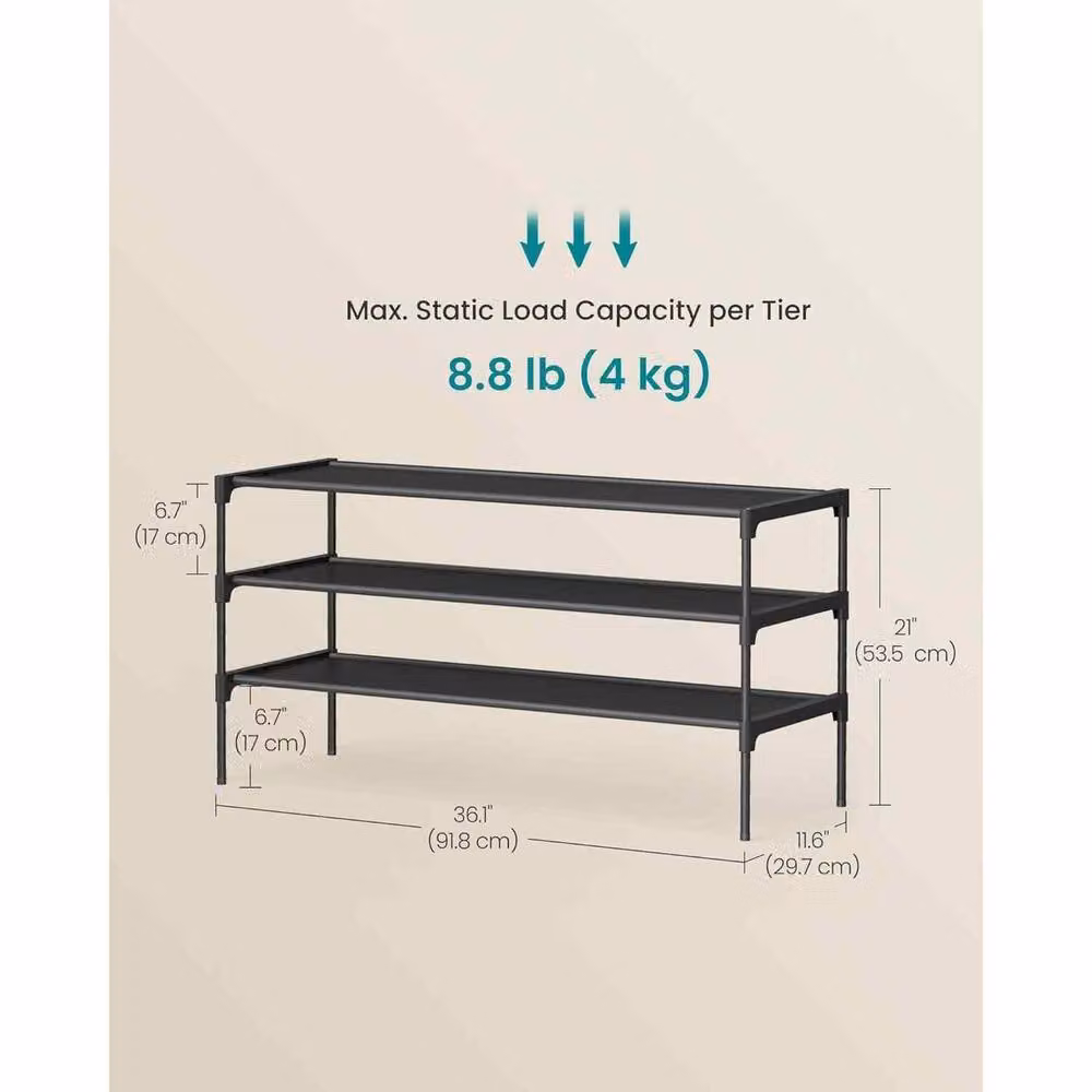 The Bazaarist 3 Tier Metal Shoe Rack with Fabric Shelves in Jet Black – 3