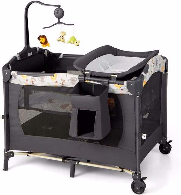 Costway 3-in-1 Convertible Baby Playpen, Bassinet, Bed and Diaper Table in Grey