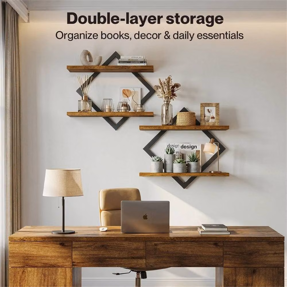 Nordara Set of 2 Rustic Brown Floating Wall Shelves, Width: 120 cm – 4