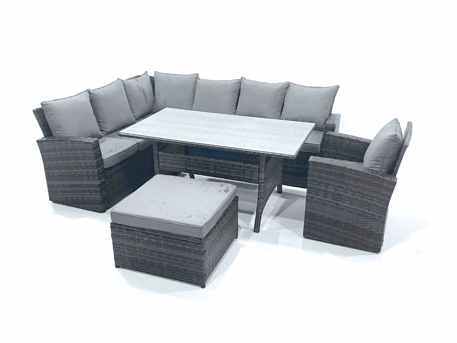 Fimous 8 Seater Garden Rattan Corner Dining Set with Large Footstool in Dark Grey – 2
