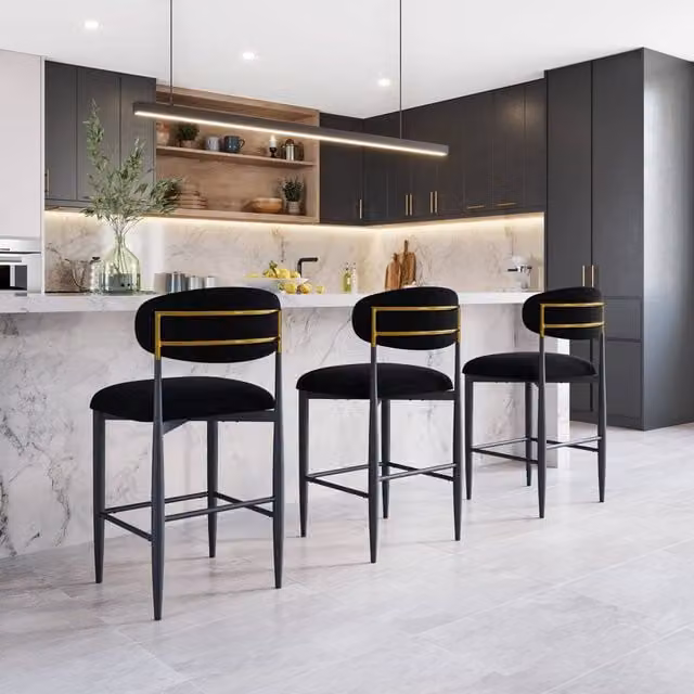 Modish Furnishing Set of 2 Azure Black Chenille and Gold Metal Barstools – 1