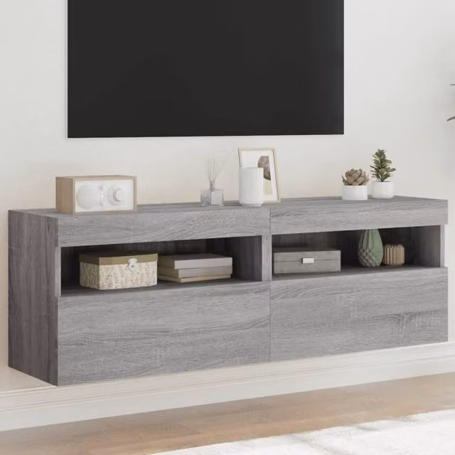 Berkfield Home Set of 2 Modern Grey Wall Mounted TV Cabinets with Integrated LED Lighting, W: 60 cm, D: 30 cm, H: 40 cm – 1