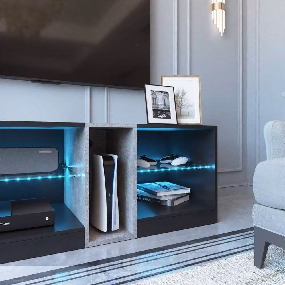 KORVIXA Modern Black LED-TV Stand Cabinet for up to 140cm TVs, W/D/H: 100 x 100 x 100 cm – 3