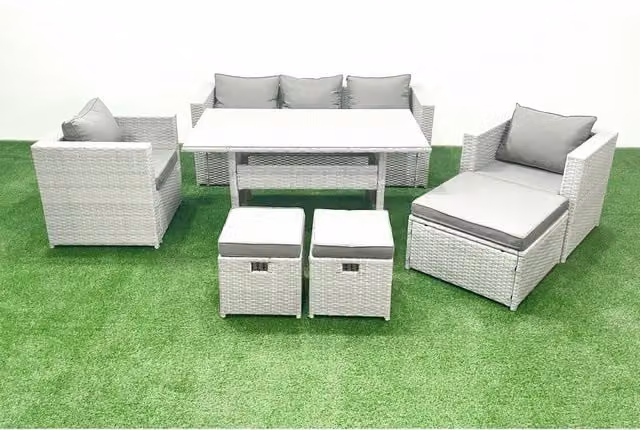 Fimous 8-Seater Rattan Garden Dining Set in Light Grey Mixed with Glass Tabletop