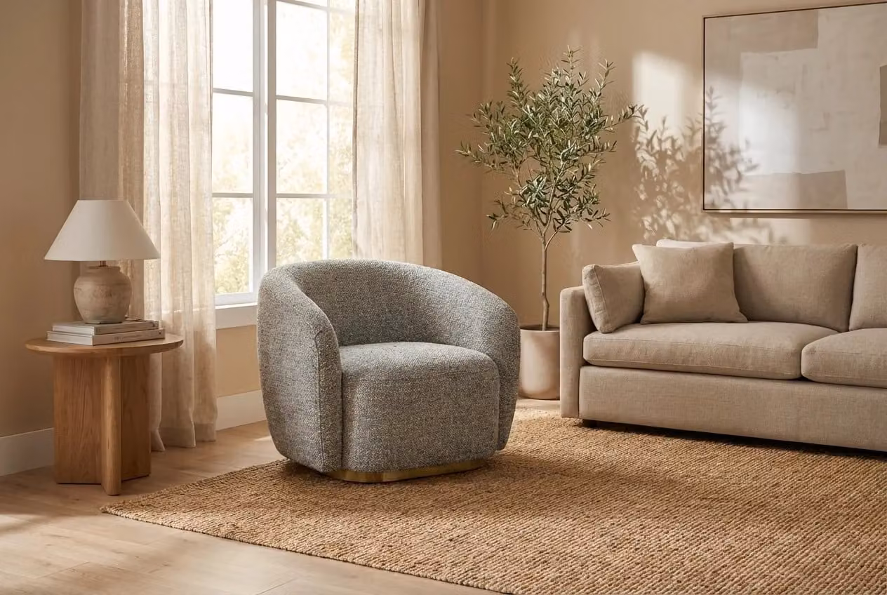Araco Atelier Cleo Armchair in Beige and Grey Speckle Fabric