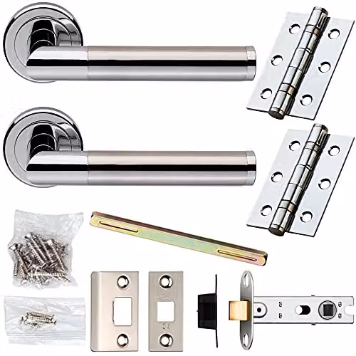 Loops Door Handle and Latch Pack in Chrome and Satin Nickel with Screwless Round Rose