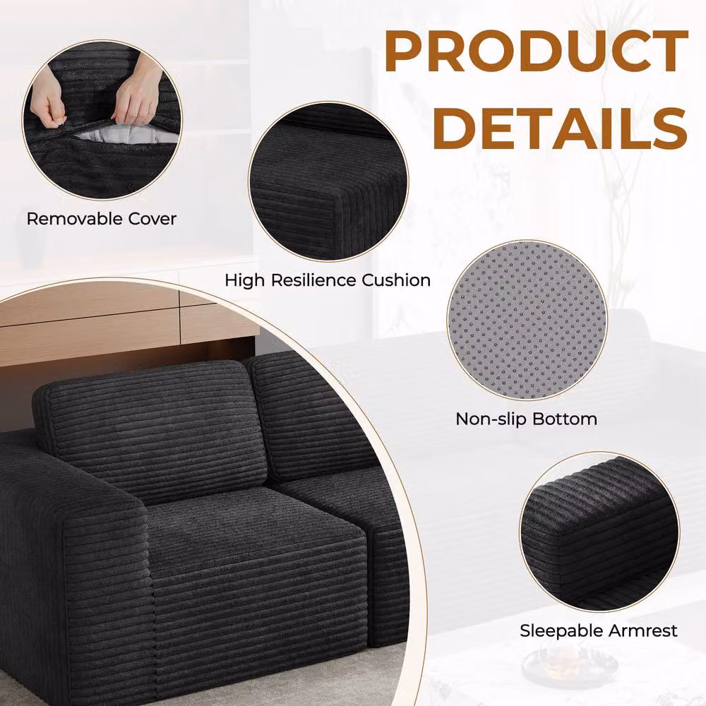 Dprodo Black Corduroy Modular U-Shape Sofa with Matching Ottoman and Removable Covers – 6