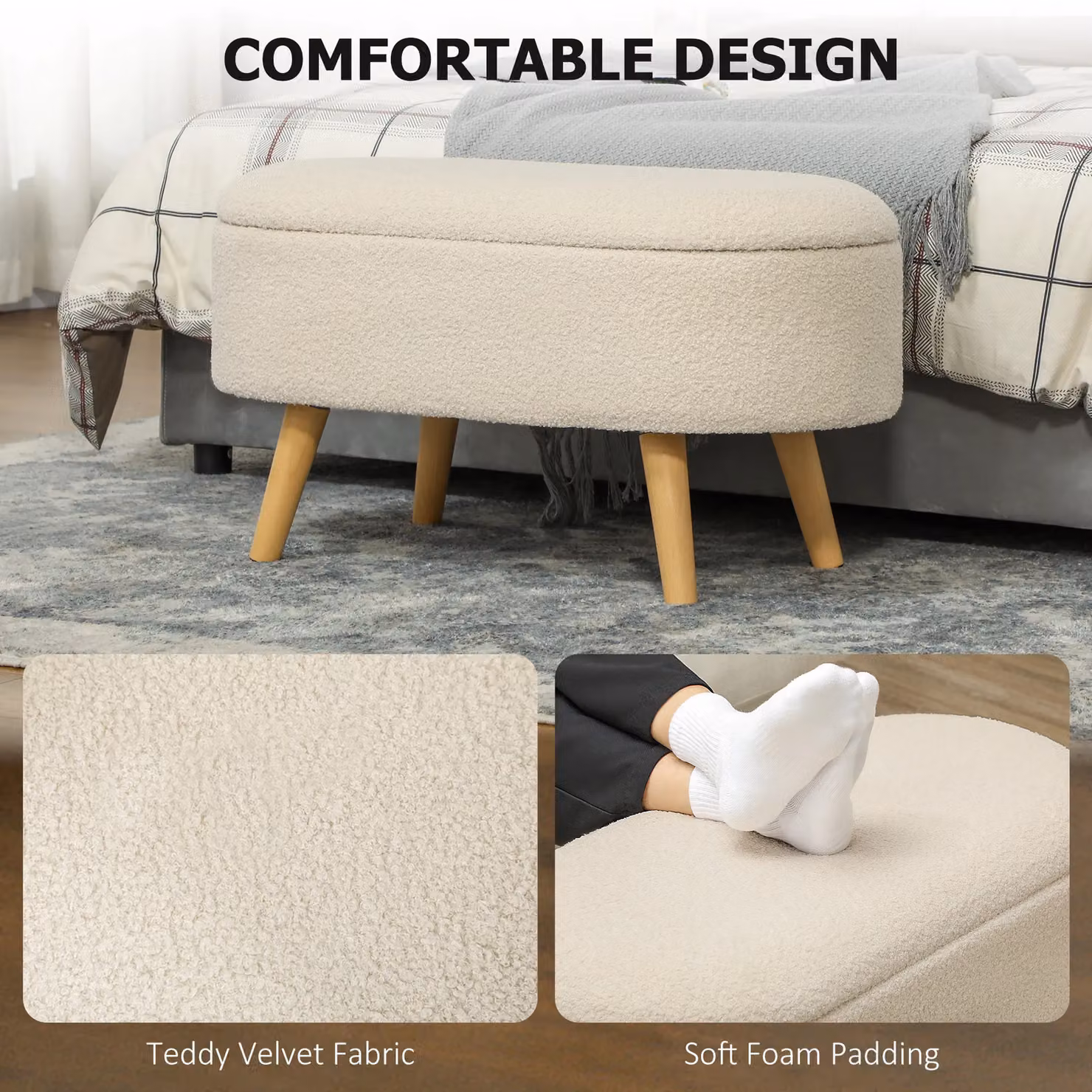 HOMCOM Modern Upholstered Ottoman Storage Bench in Beige – 4